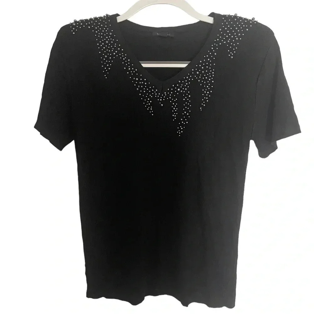 Vintage Women’s Beaded Short Sleeve Tee with Shoulder Pads